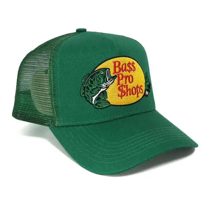 Wholesale Fashion Fish Embroidery Patch Logo Green Fishing Hat 100% Cotton with a Mesh Back Trucker Cap Gorras Outdoor Bass PRO Shops Trucker Hat