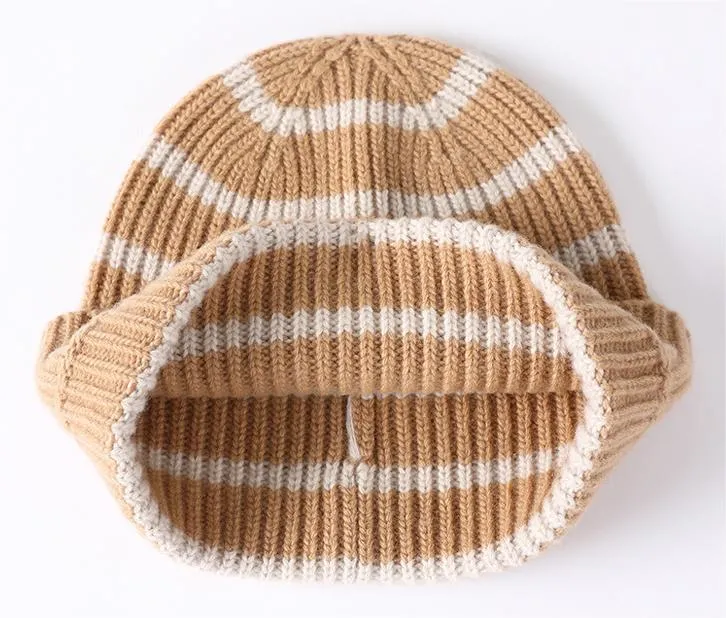 Warm High Quality Custom Striped Jacquard Acrylic Winter Cuffed Knit Beanie Hat