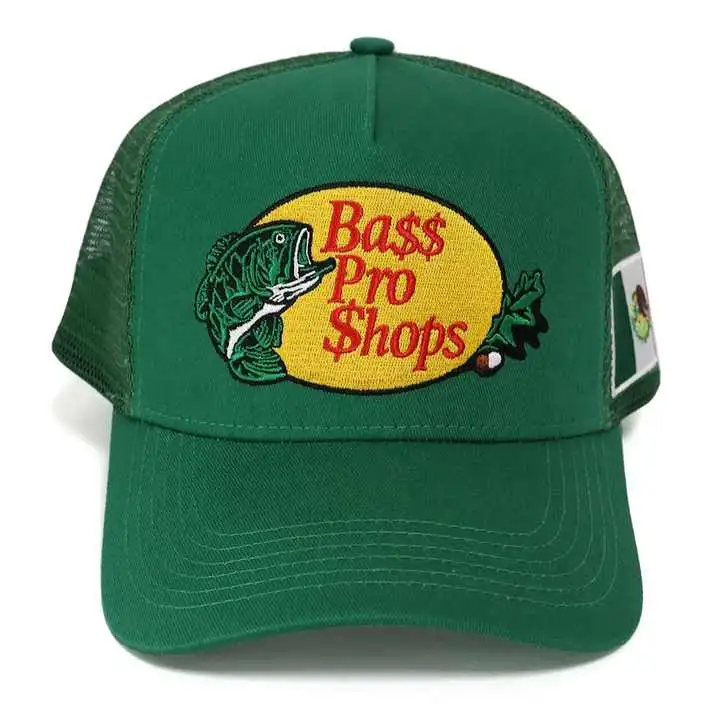 Wholesale Fashion Fish Embroidery Patch Logo Green Fishing Hat 100% Cotton with a Mesh Back Trucker Cap Gorras Outdoor Bass PRO Shops Trucker Hat