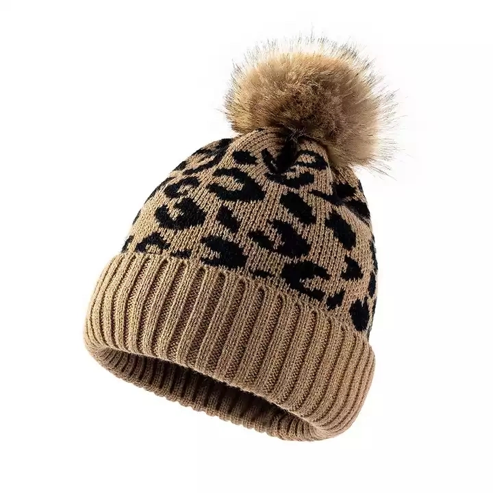 2022 New Trend Soft Fur Ball Leopard Cheetah Chunky POM POM Knit Beanie Cap Women Trendy Man Warm Winter Hat