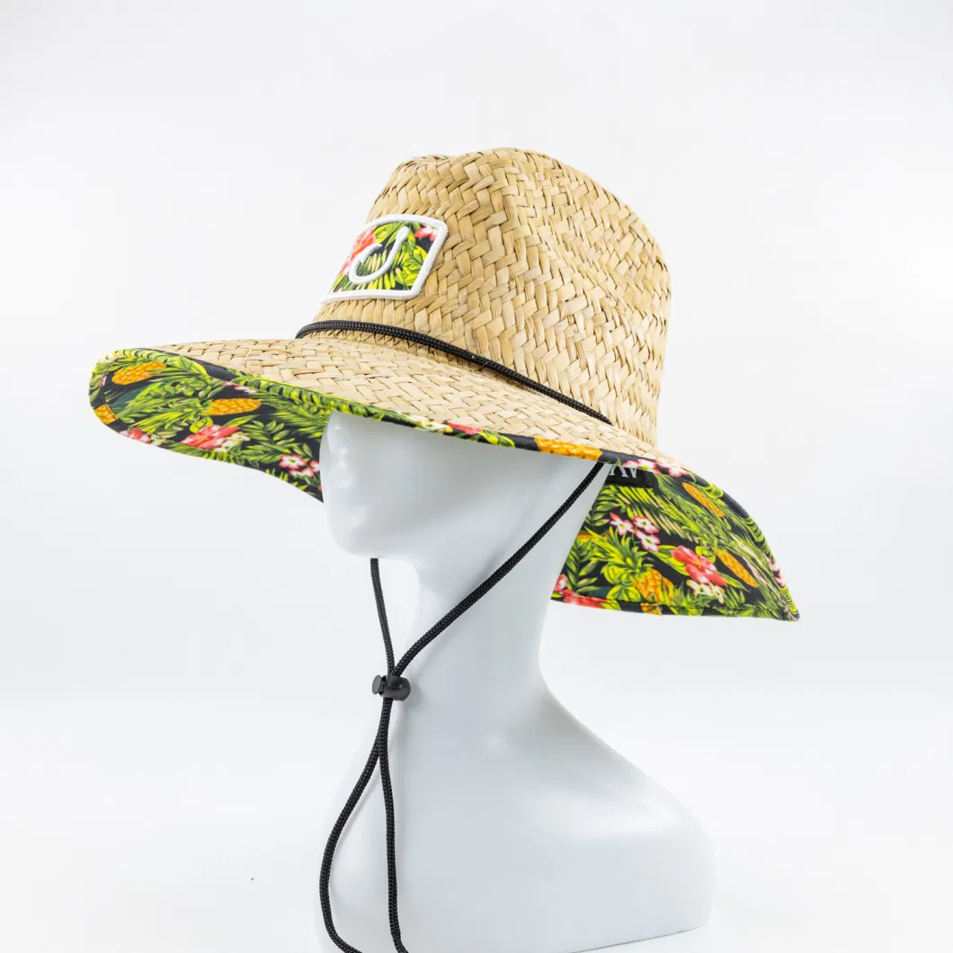 Rush Straw Hat Bottom with Cotton Print Fabric Brim