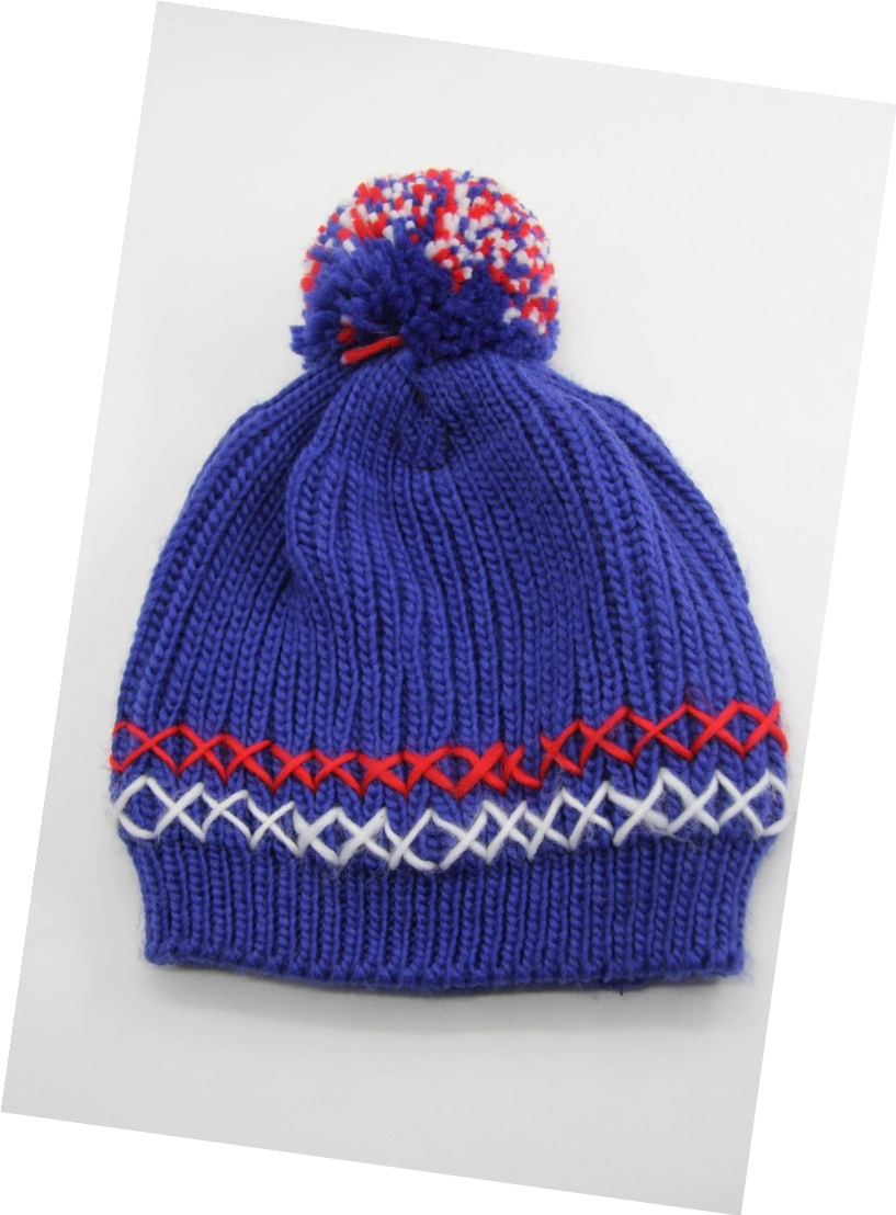 Winter Style Adult Blue Knitted Hat with Two Colors Yarn Pompon