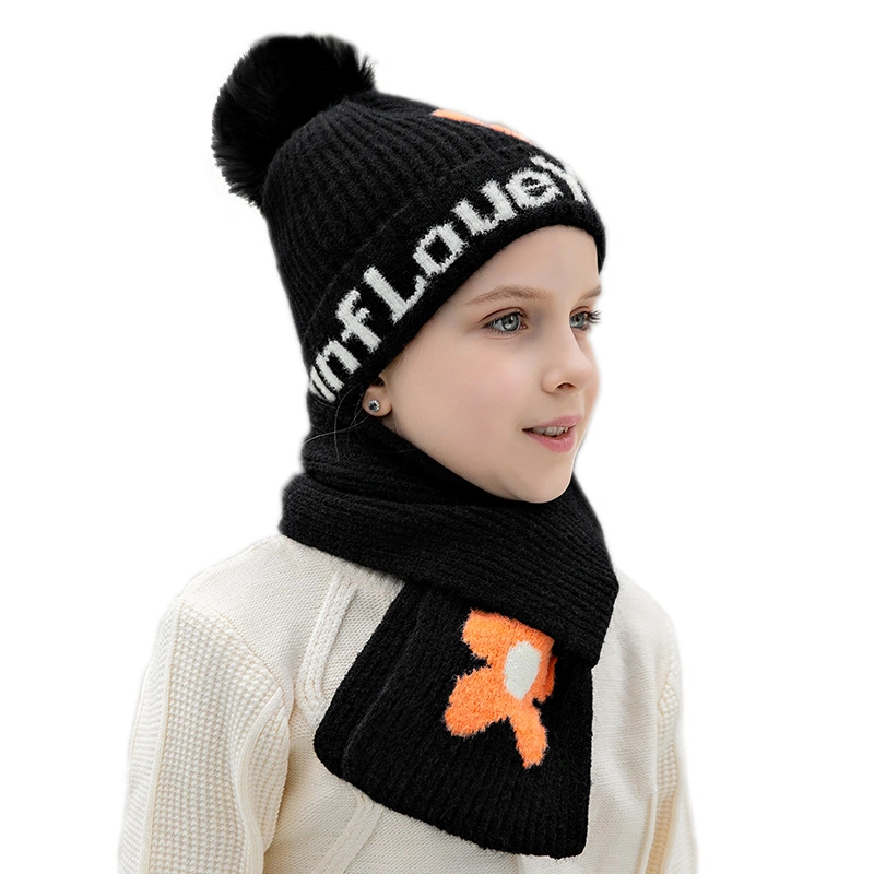 2 in 1 Scarf and Hat Set Girls&prime; Jacquard Winter Warm POM POM Woolen Beanie Hat
