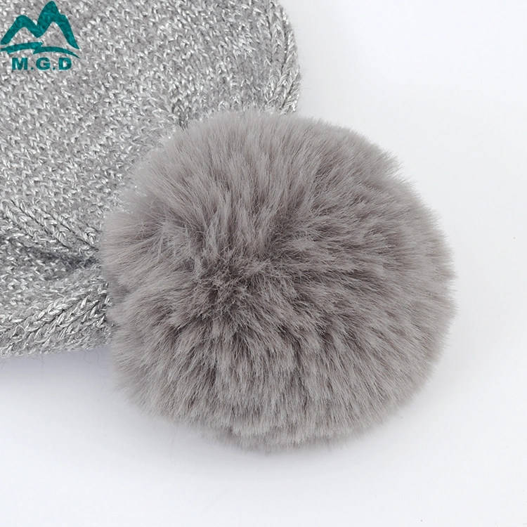 Fashion Wholesale Winter Fake Fur Grey Knitted POM POM Beanie Hat