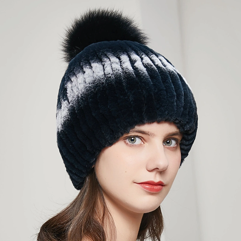 Otter and Rabbit Fur Fox Fur Knit Fashion Hat with Fox Fur Ball Pompom Elastic Women Winter Warm
