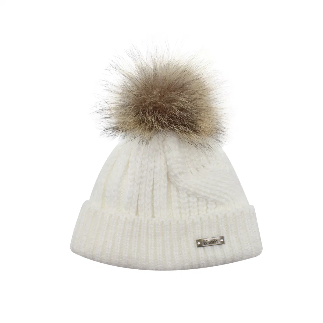 Cozy Winter White Knit Ribbed Cuff Beanie with Faux Fur POM