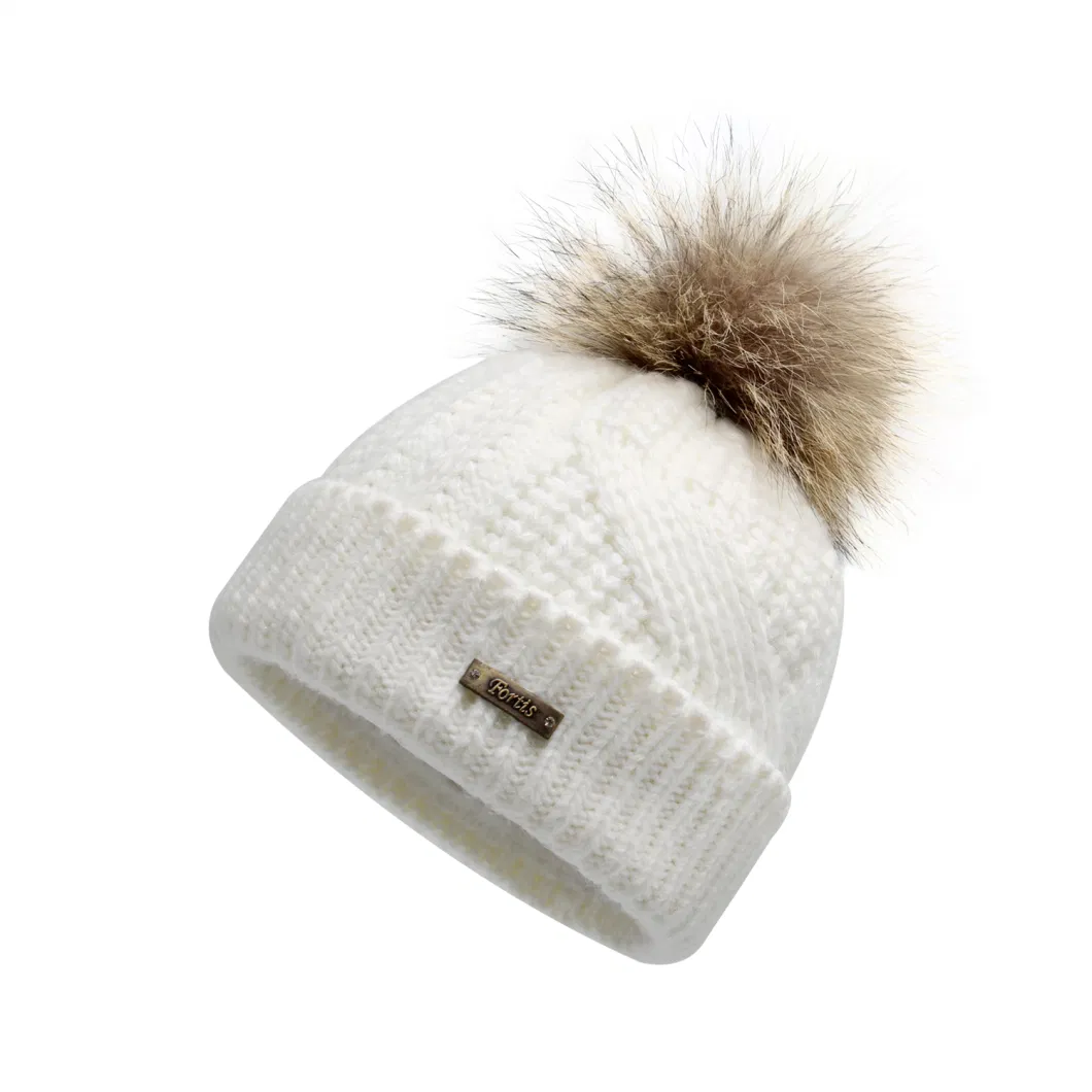 Cozy Winter White Knit Ribbed Cuff Beanie with Faux Fur POM