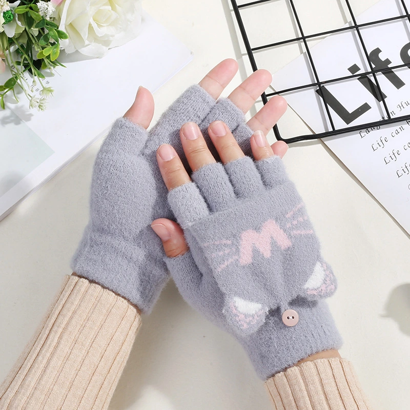 Winter Adult Half-Finger Student Learning Flip Cute Cartoon Jacquard Knitted Warm Gloves