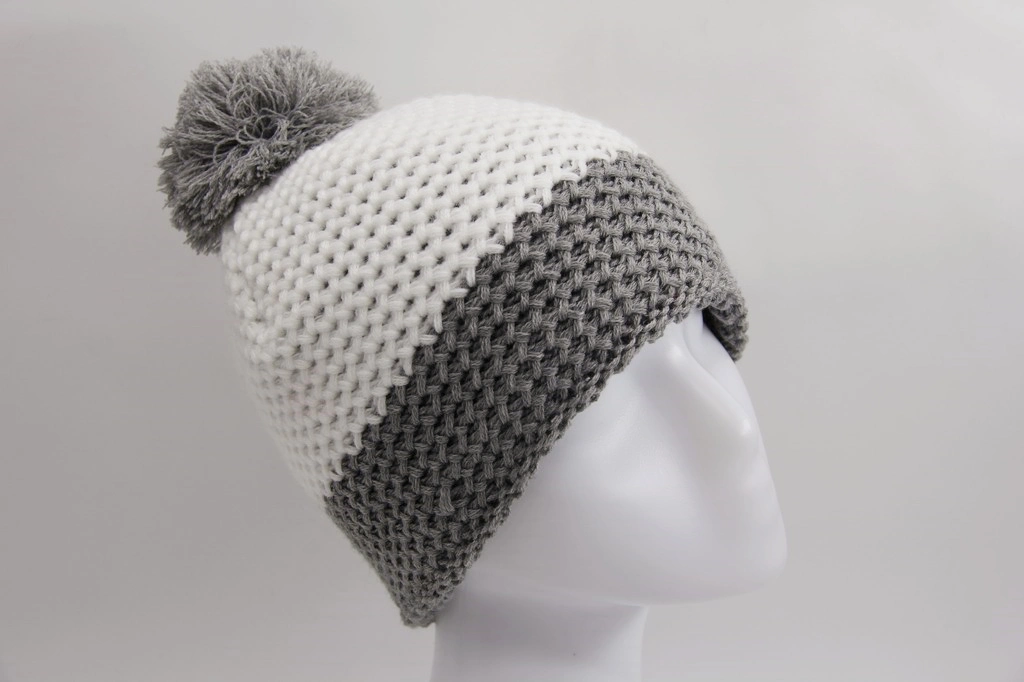 Grey and White Acrylic Knitted Hat with Yarn Pompon