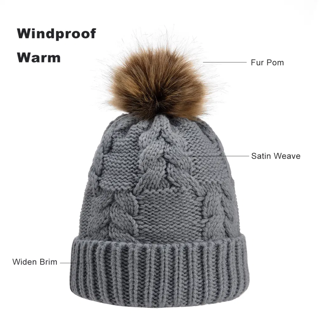 Thicken Windproof Winter Beanies Warm Fur Pompoms Cotton Knitted Beanies Hats