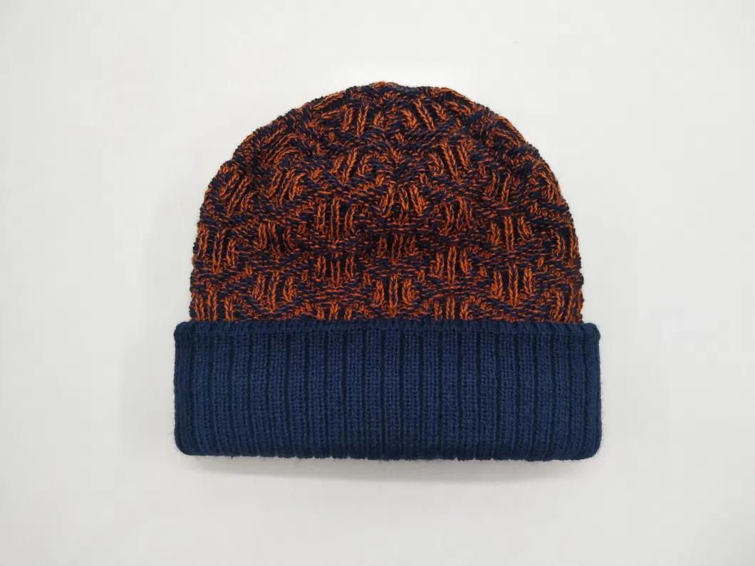 Acrylic Yarn Fashionable Jacquard Knitted Hat with Cuff, Fleece Lining