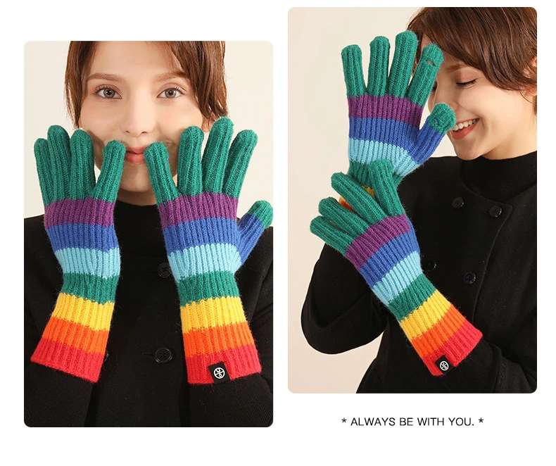 Colorful Rainbow Stripes Style Fashion Soft Warmer Winter Long Wholesale High Quality Sheepskin Wool Knitting Gloves