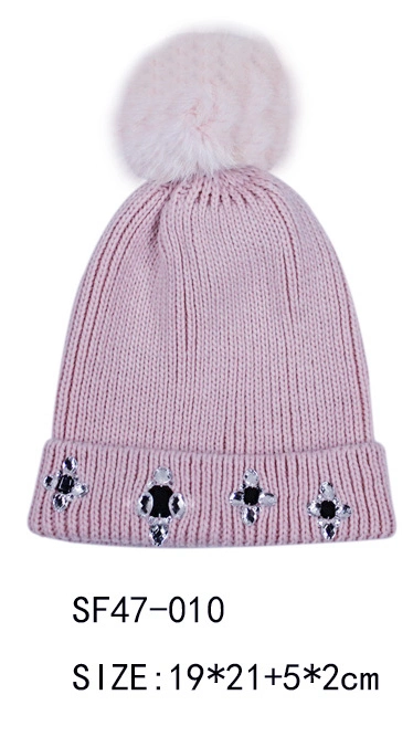 Knitting Hat with Decoration Stone Pompom Women Beanie Lady