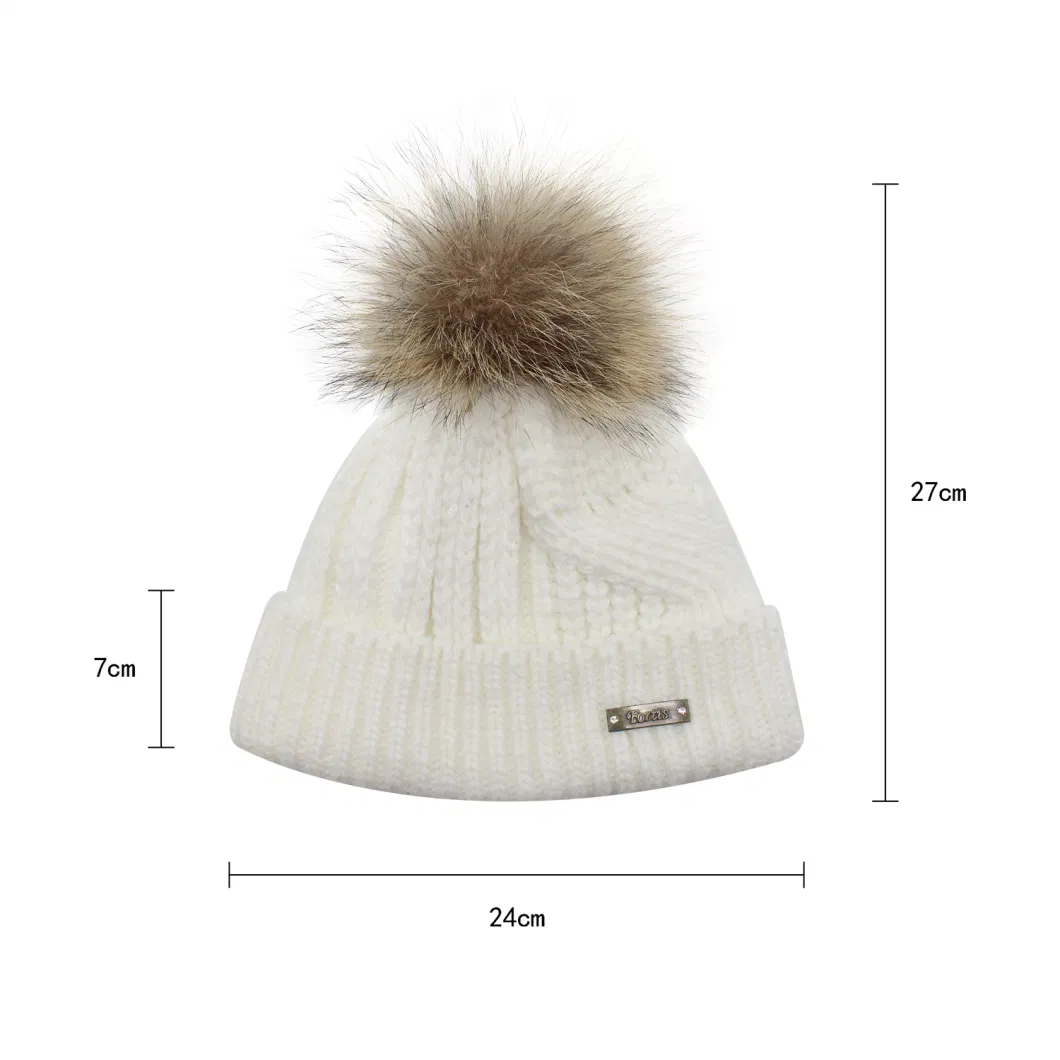 Cozy Winter White Knit Ribbed Cuff Beanie with Faux Fur POM