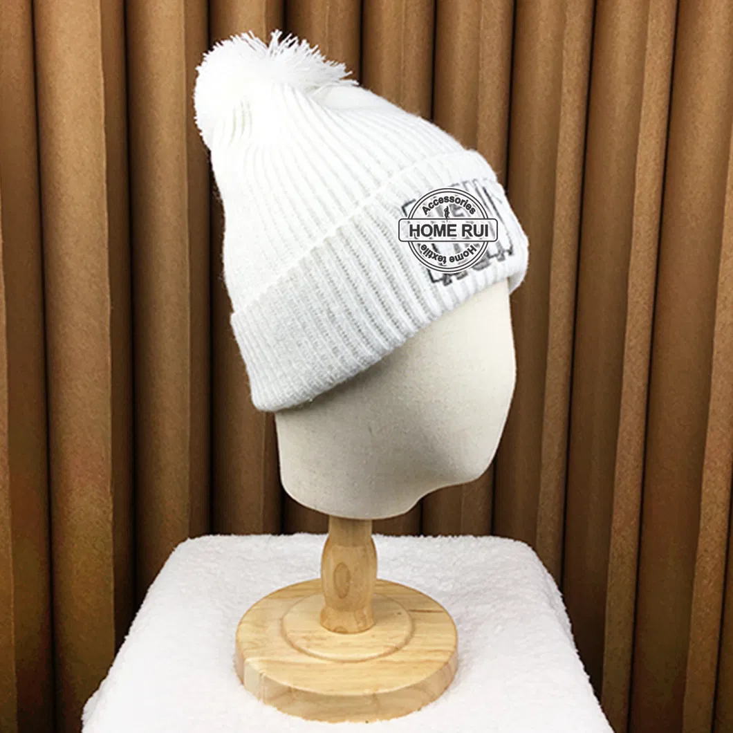 Custom Logo Beanies for Women Unisex Winter White POM POM 3D Embroidery Letter Patch Knitted Hats Ribbed Chunky Knit Warm Caps