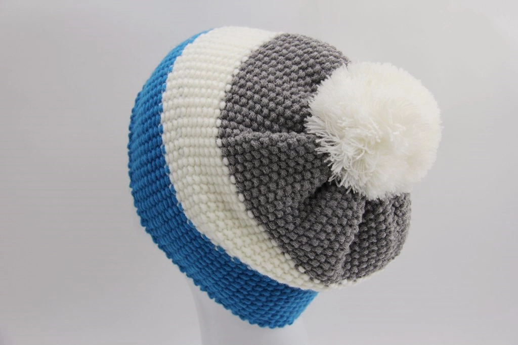 Knitted Winter Child Hat with Three Colors Yarn Top with Yarn Pompon