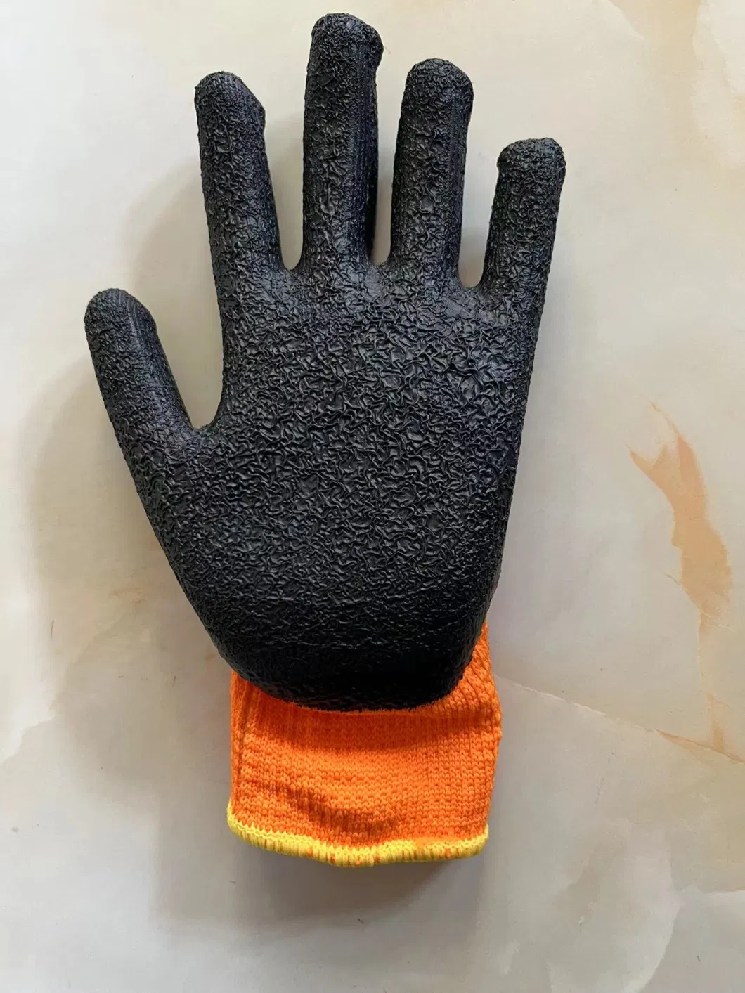 7 Gauge Orange Wool-Polyester Knitted Black Wrinkled Latex Palm Coated Worker Gloves