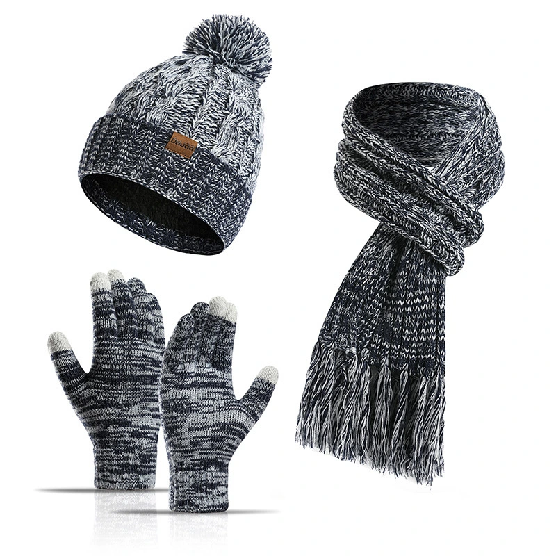 Autumn Winter Knitted Wool Thickened Touch Screen Three-Piece Set Hats Gloves Scarf