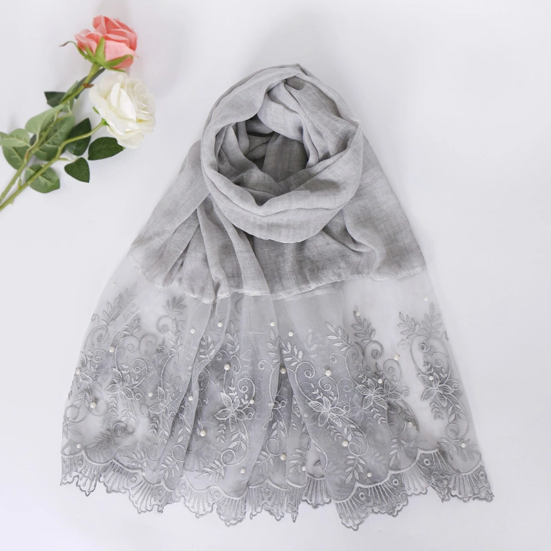 New Style Cotton Lace Fashion Nail Pearl Comfortable Custom Solid Color Polyester Hijab Shawl Lady Scarf