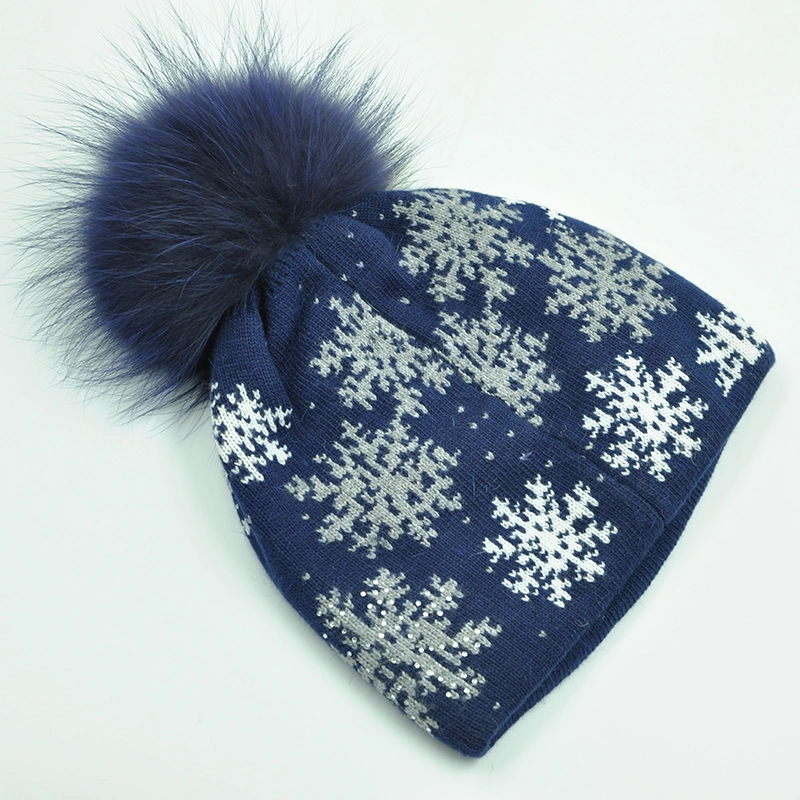 Winter Adults Unisex Ladies Warm Black Custom Logo Hat Snowflakes Pattern Knit Beanie with POM POM Fur Ball
