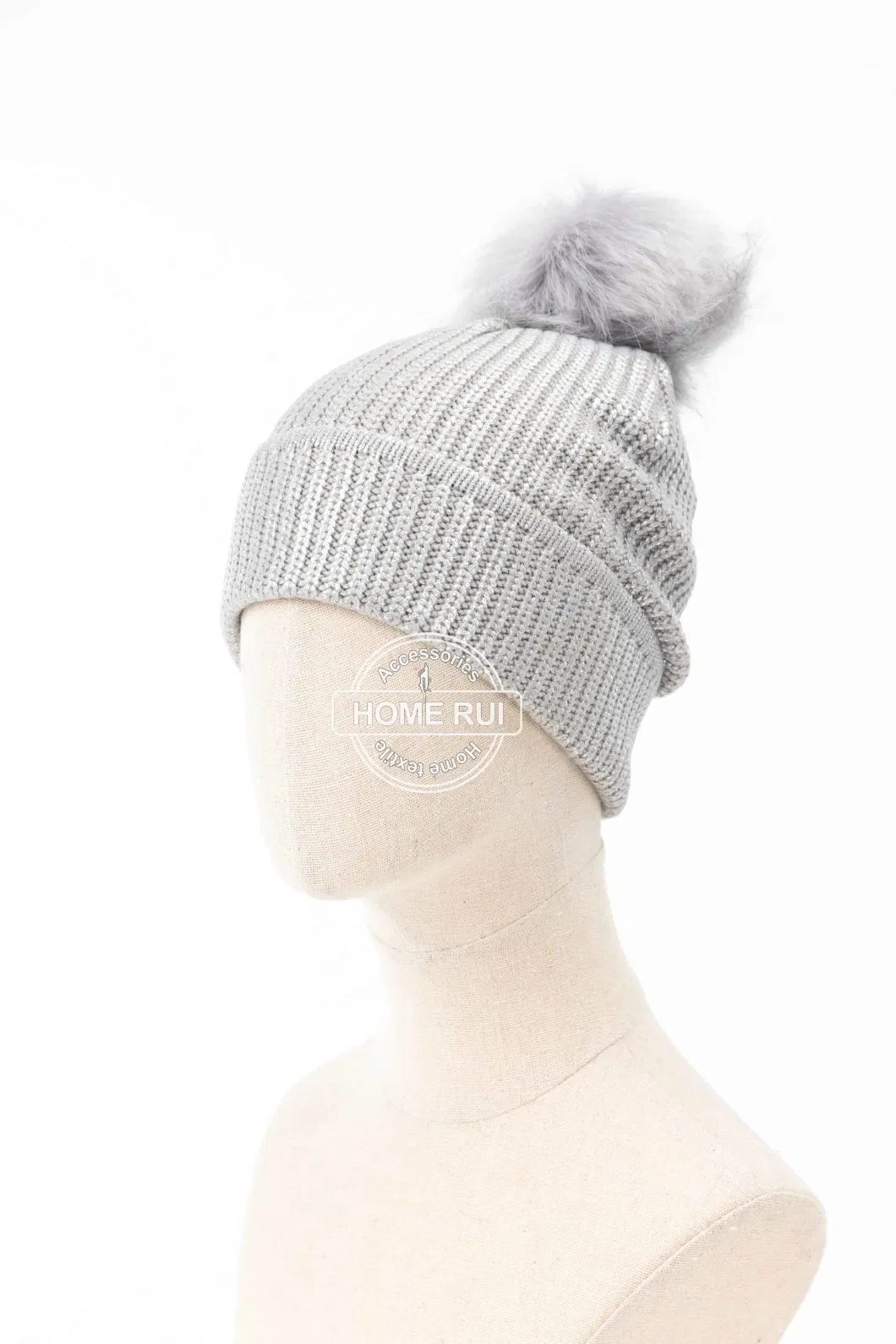 Unisex Warm Soft Slouchy Acrylic Fold Edge Silver Grey Fur Pompom Oil Print Knitted Rib Bonnet Casual Beanie Hat