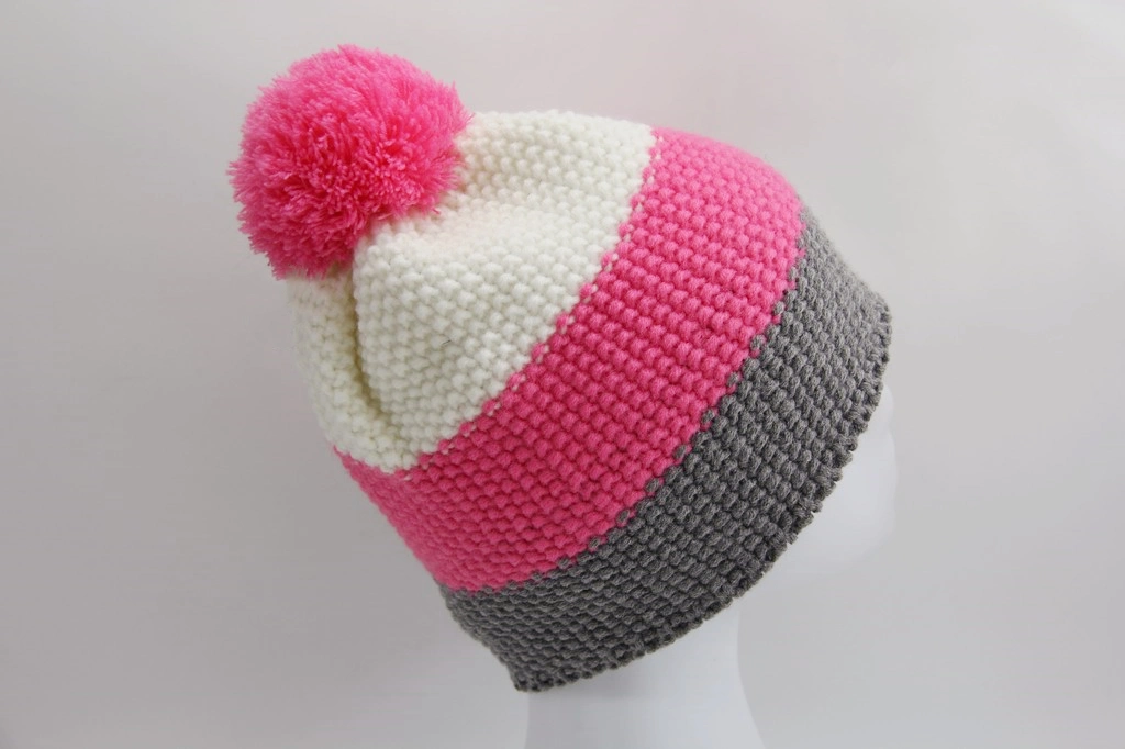 Knitted Winter Child Hat with Three Colors Yarn Top with Yarn Pompon