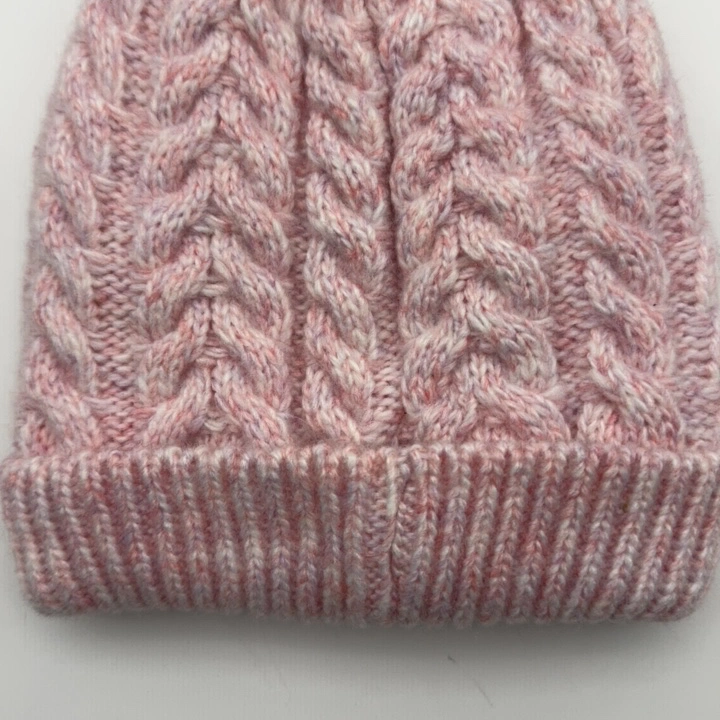 Girls Cap Acrylic Pink Cute Metalized Cable Knitted Hat with Fake Fur Pompom with Polyester Lining