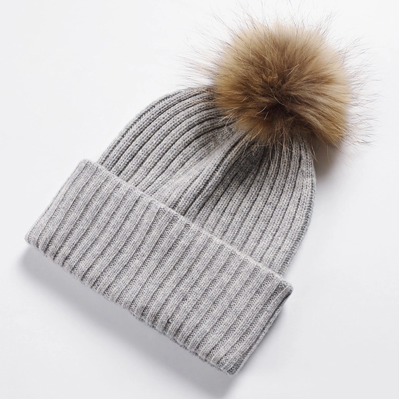 Customised Women Winter Merino Wool Hat with Fur Pompom