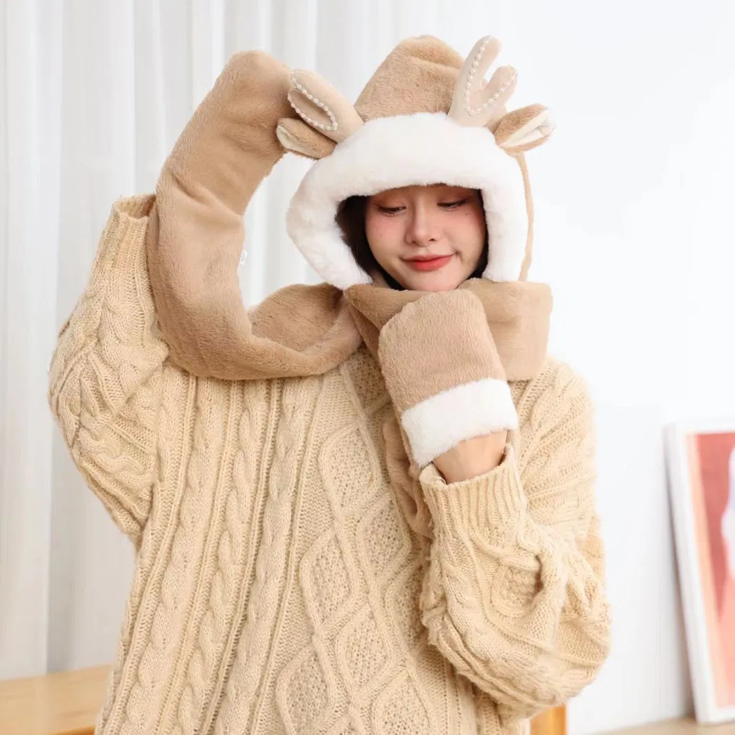 Three-in-One Winter Fleece Hat Scarf Gloves Warm One-Piece Hat