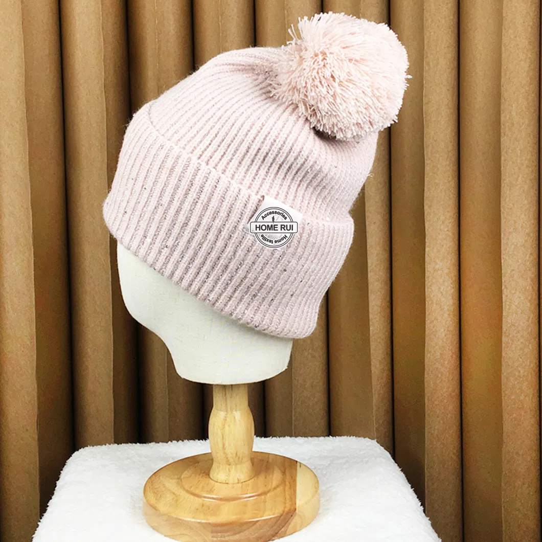 Custom Logo Women Beanies with POM POM Sequin Buckle Yarn Embroidery Letter Patch Knitted Hats Ribbed Chunky Knit Winter Caps