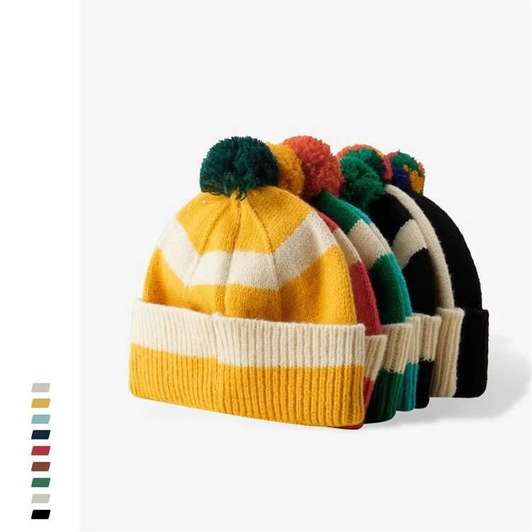 Acrylic High Quality Colourful Winter Jacquard Knitted POM-POM Beanie Hat