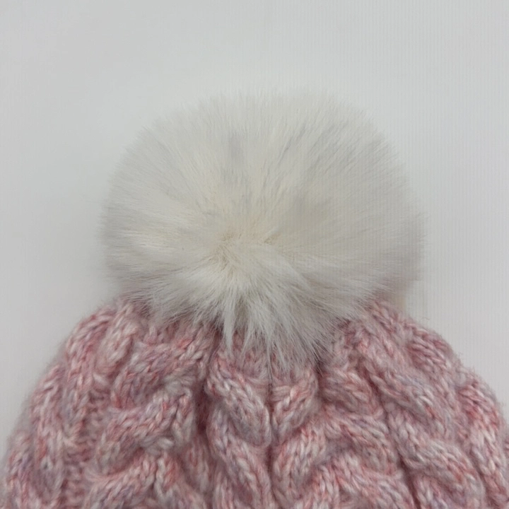 Girls Cap Acrylic Pink Cute Metalized Cable Knitted Hat with Fake Fur Pompom with Polyester Lining
