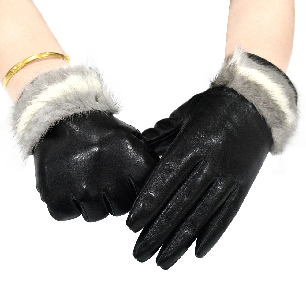 Women Sheepskin Leather Gloves Winter Full Finger Glove Windproof Driving Dressing Gloves