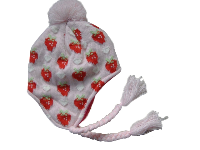 Jacquard Knitted and Fleece Lining Baby Girl Pompom Winter Hat