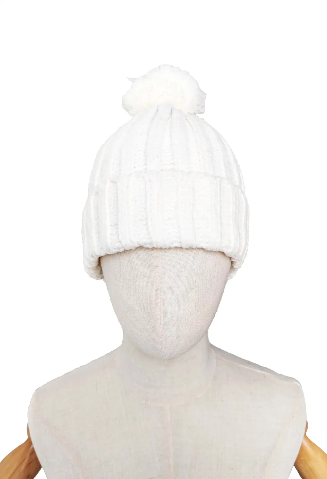 Winter Ladies Fashion White Soft Chenille Pompom Stretch Knitted Hat