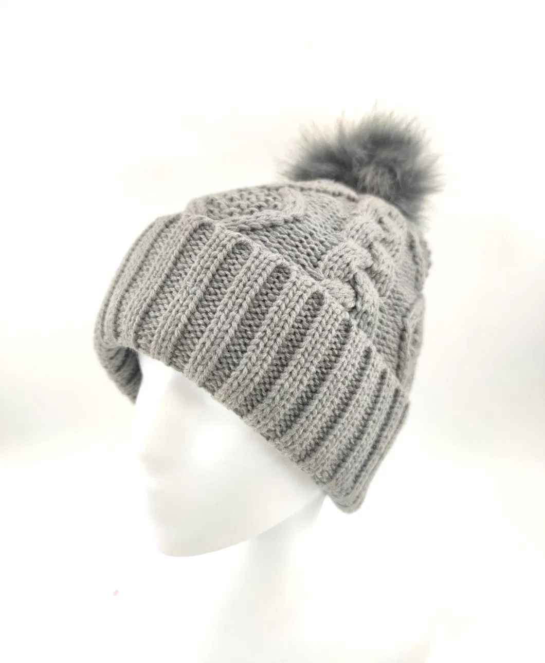 Acrylic Yarn Jacquard Knitted Hat with Cuff and Fake Fur Pompon, Half Fleece Lining.