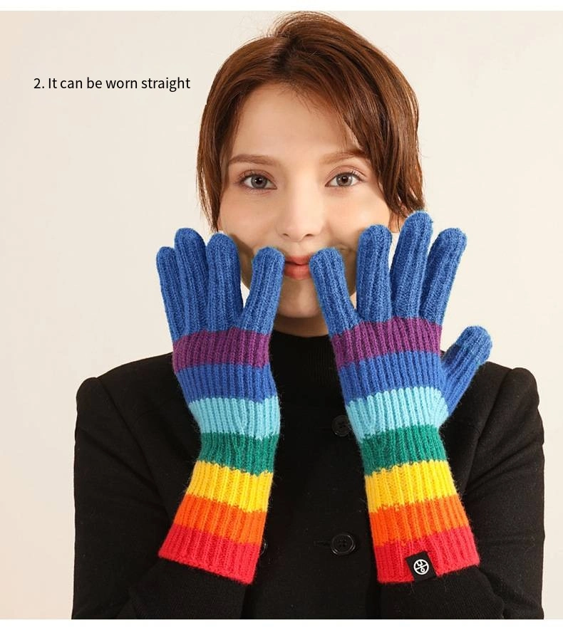 Colorful Rainbow Stripes Style Fashion Soft Warmer Winter Long Wholesale High Quality Sheepskin Wool Knitting Gloves