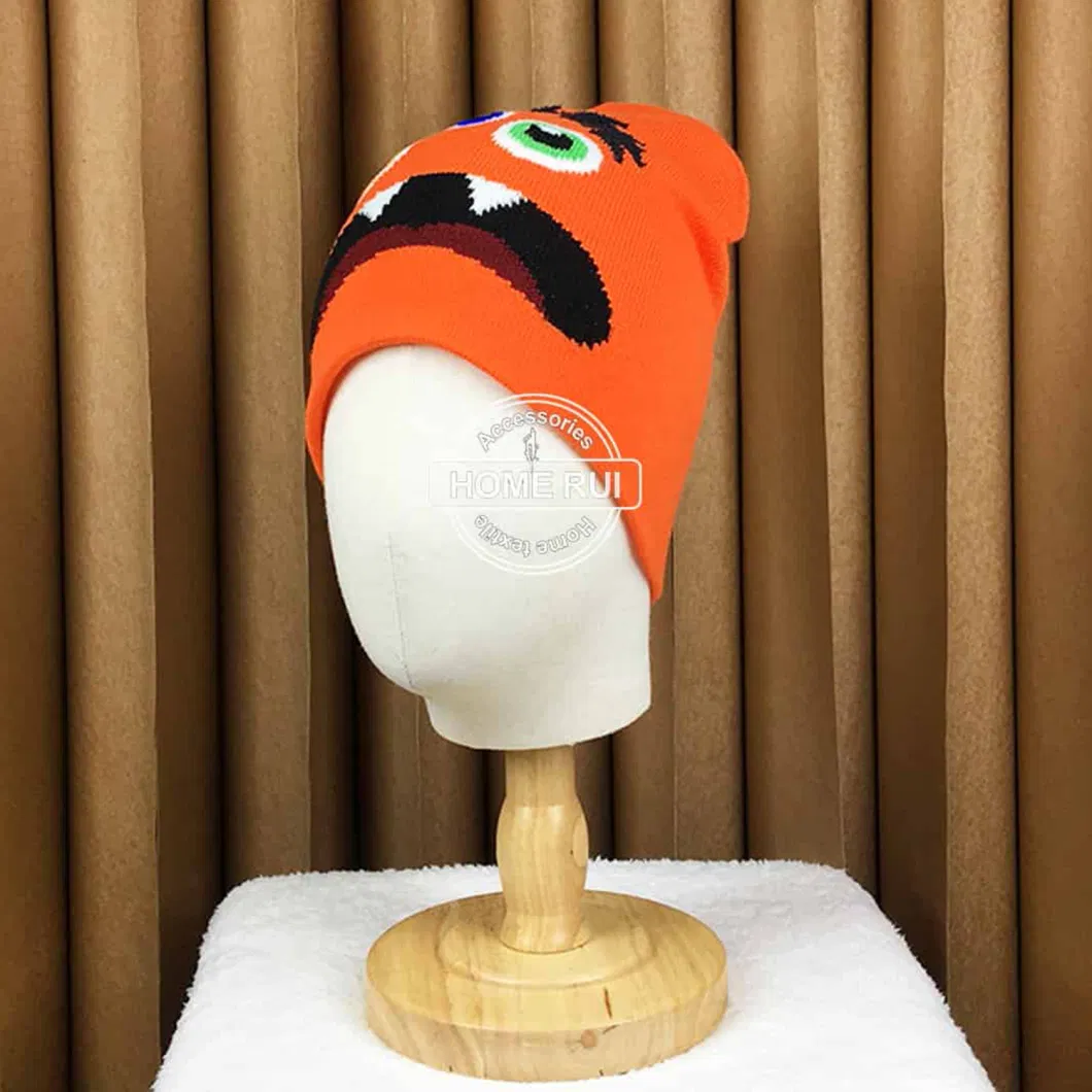 Cartoon Cute Hat Custom Embroideried Logo Cap Knitted Monster Eyes Feather Eyebow Jacquard Acrylic Toddler Knit Winter Beanie