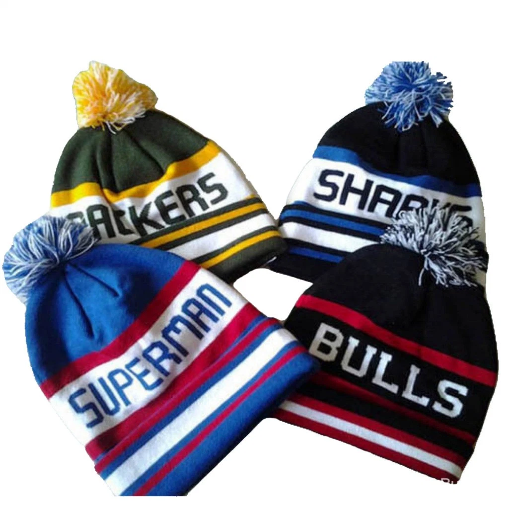 Custom Men Acrylic Knitted Embroidery Logo Stripe Knitted Hat with POM POM
