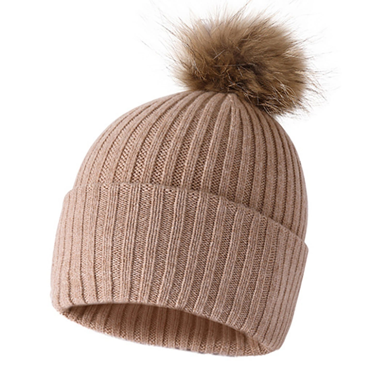 Customised Women Winter Merino Wool Hat with Fur Pompom