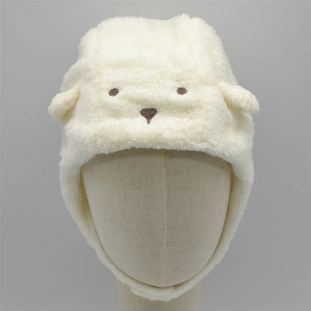 100% Polyester Winter Polar Fleece Lovely Ear Protection Unisex White Dog Warm Kids Velcro Cap Hat
