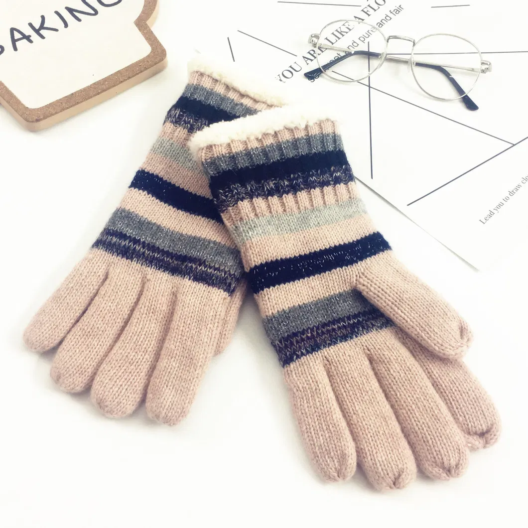 Knitted Wool Thickened Warm Woolen Striped Cold-Proof Gloves