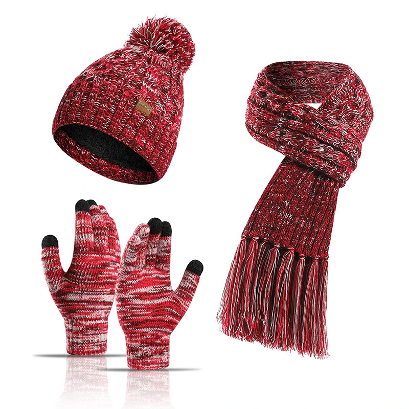 Autumn Winter Knitted Wool Thickened Touch Screen Three-Piece Set Hats Gloves Scarf