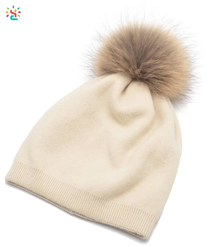 Women&prime;s Pure Cashmere POM POM Fur Ball Knit Slouchy Hat