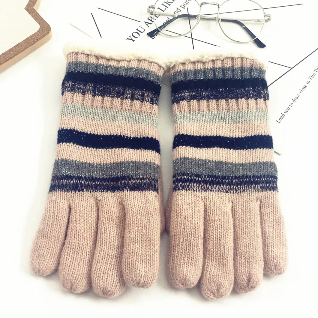Knitted Wool Thickened Warm Woolen Striped Cold-Proof Gloves