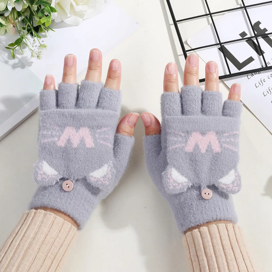 Winter Adult Half-Finger Student Learning Flip Cute Cartoon Jacquard Knitted Warm Gloves