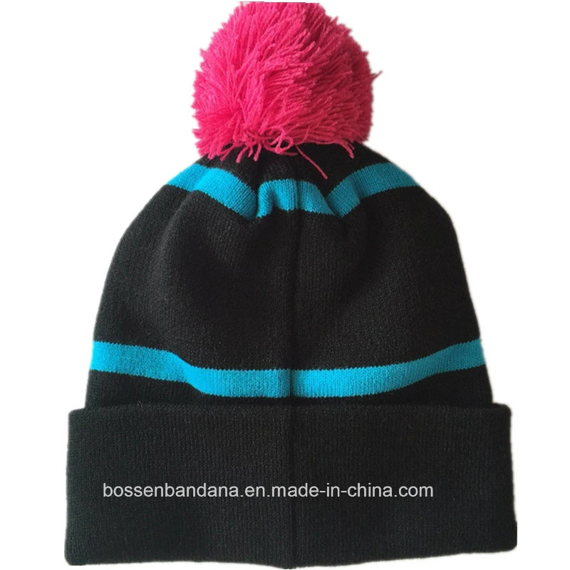 Factory Produce Customized Stripe Jacquard POM POM Winter Knit Ski Hat