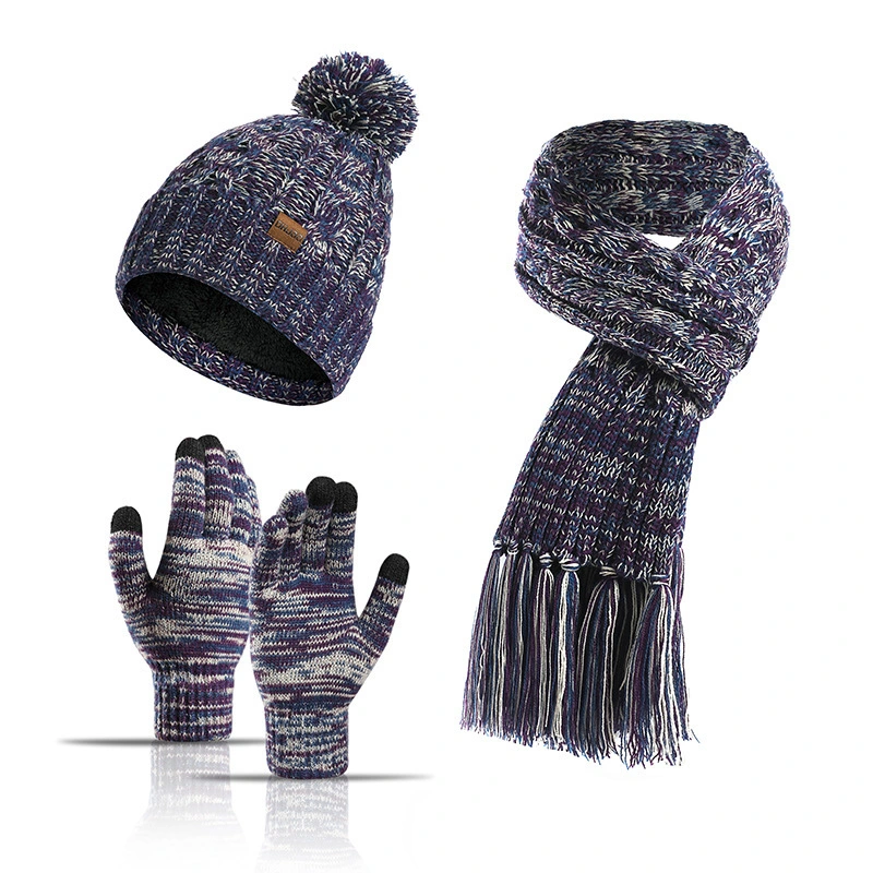 Autumn Winter Knitted Wool Thickened Touch Screen Three-Piece Set Hats Gloves Scarf