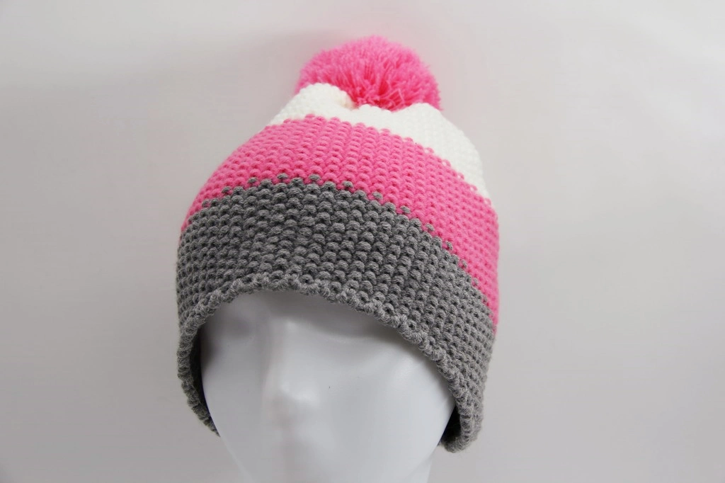 Knitted Winter Child Hat with Three Colors Yarn Top with Yarn Pompon