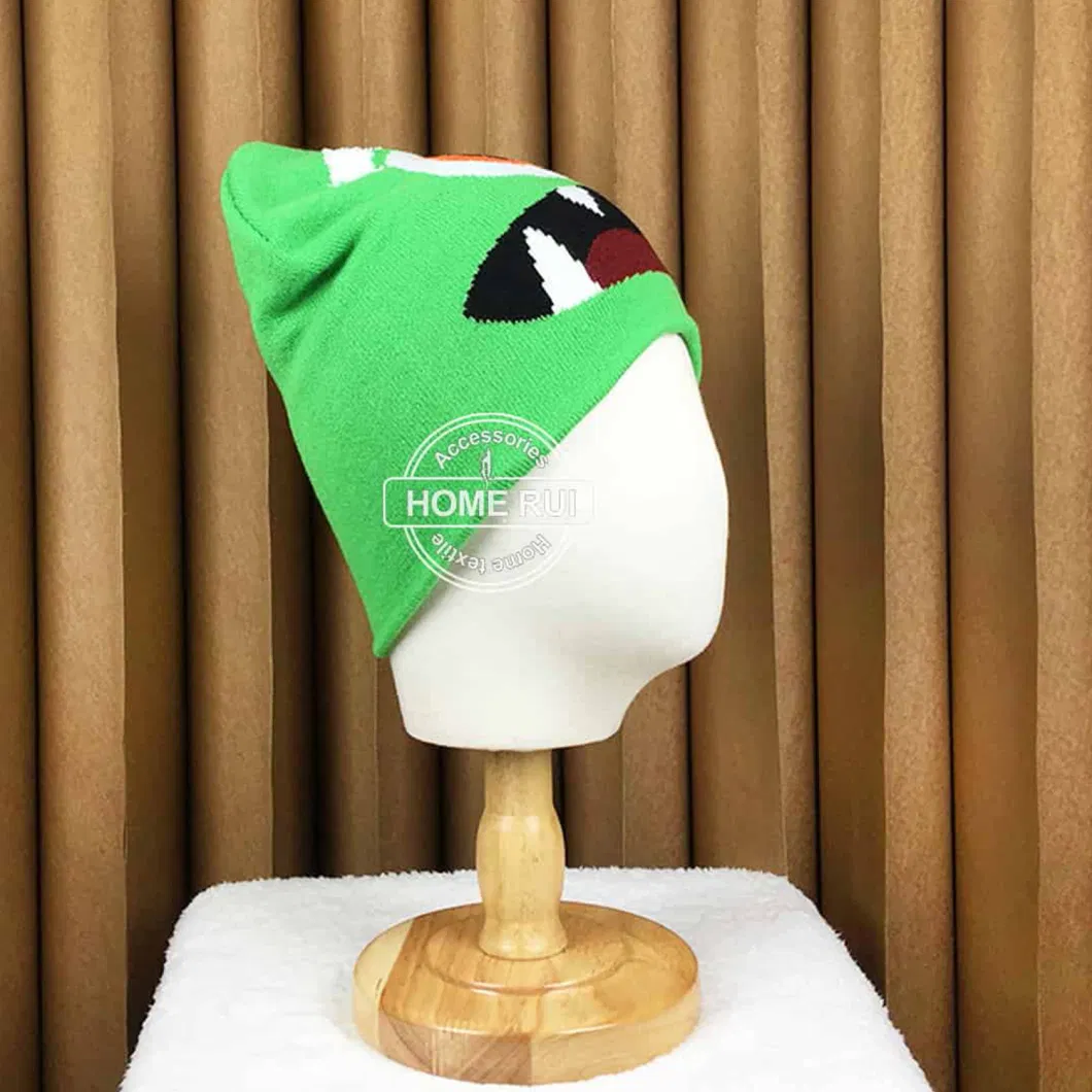 Reversible Cartoon Hats Winter Children Kids Knit Custom Logo Monster Eyes Feather Teeth Face Jacquard Acrylic Skull Cap Beanies